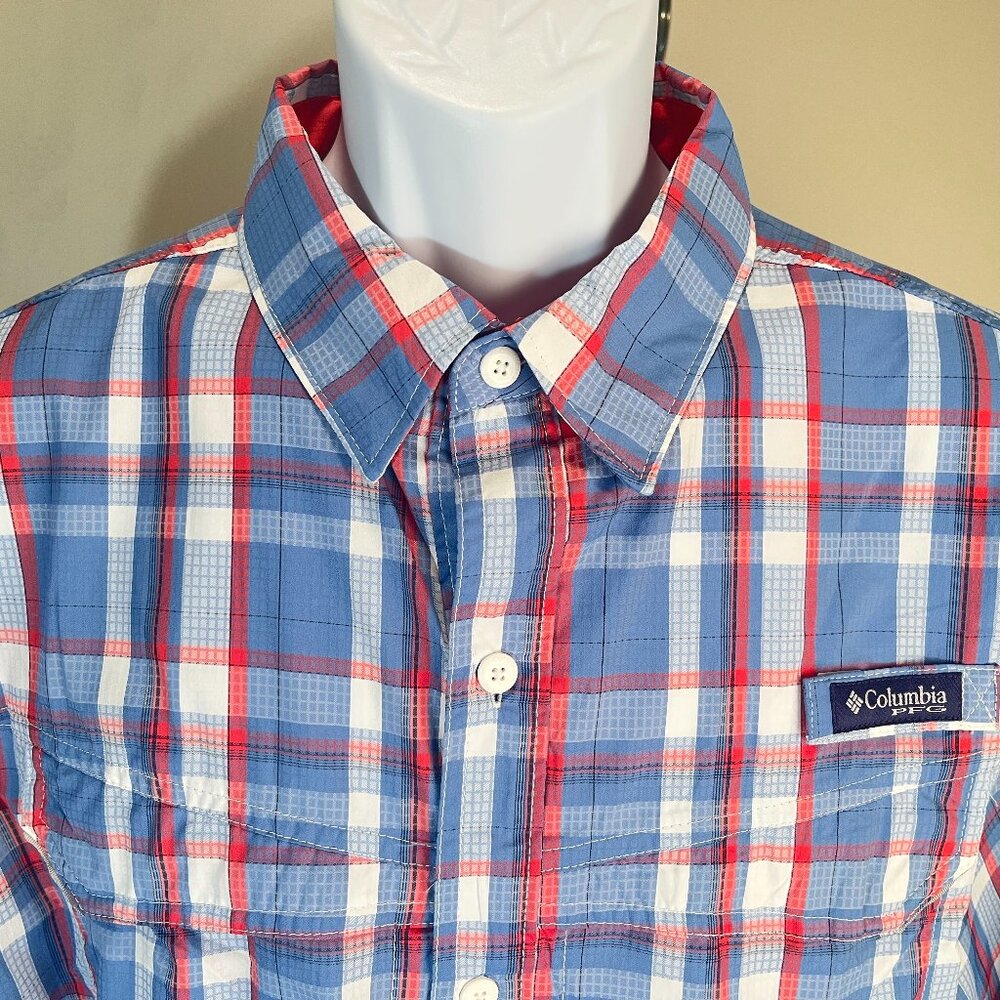 🎣 Columbia PFG Men’s L Blue Red Loop Collar Camp Fishing Shirt Mint Condition